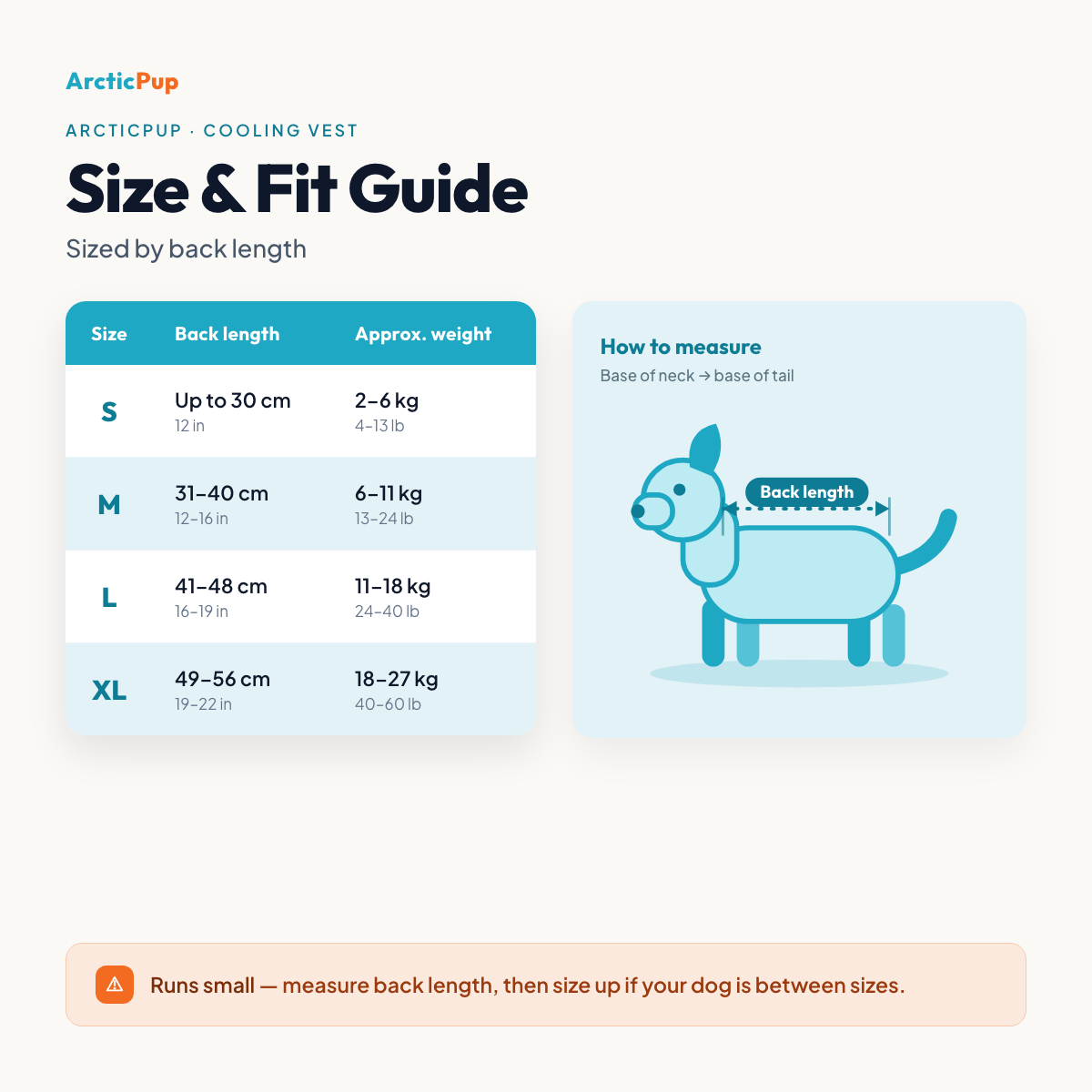 ArcticPup cooling vest size and fit guide by back length